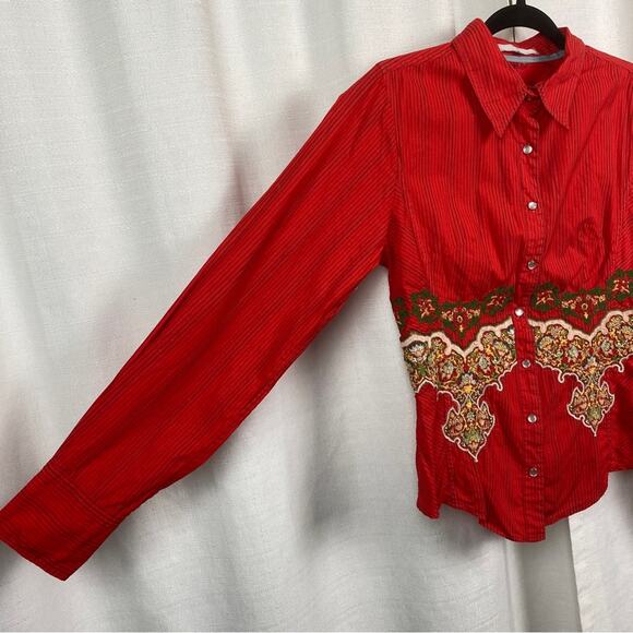 Johnny Was 3J Workshop Orange Embroidered Pearl Snap Blouse Sz.M - Picture 4 of 11